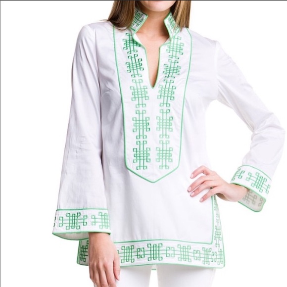 Elizabeth McKay White + Green Tunic Size 6 - Picture 1 of 8